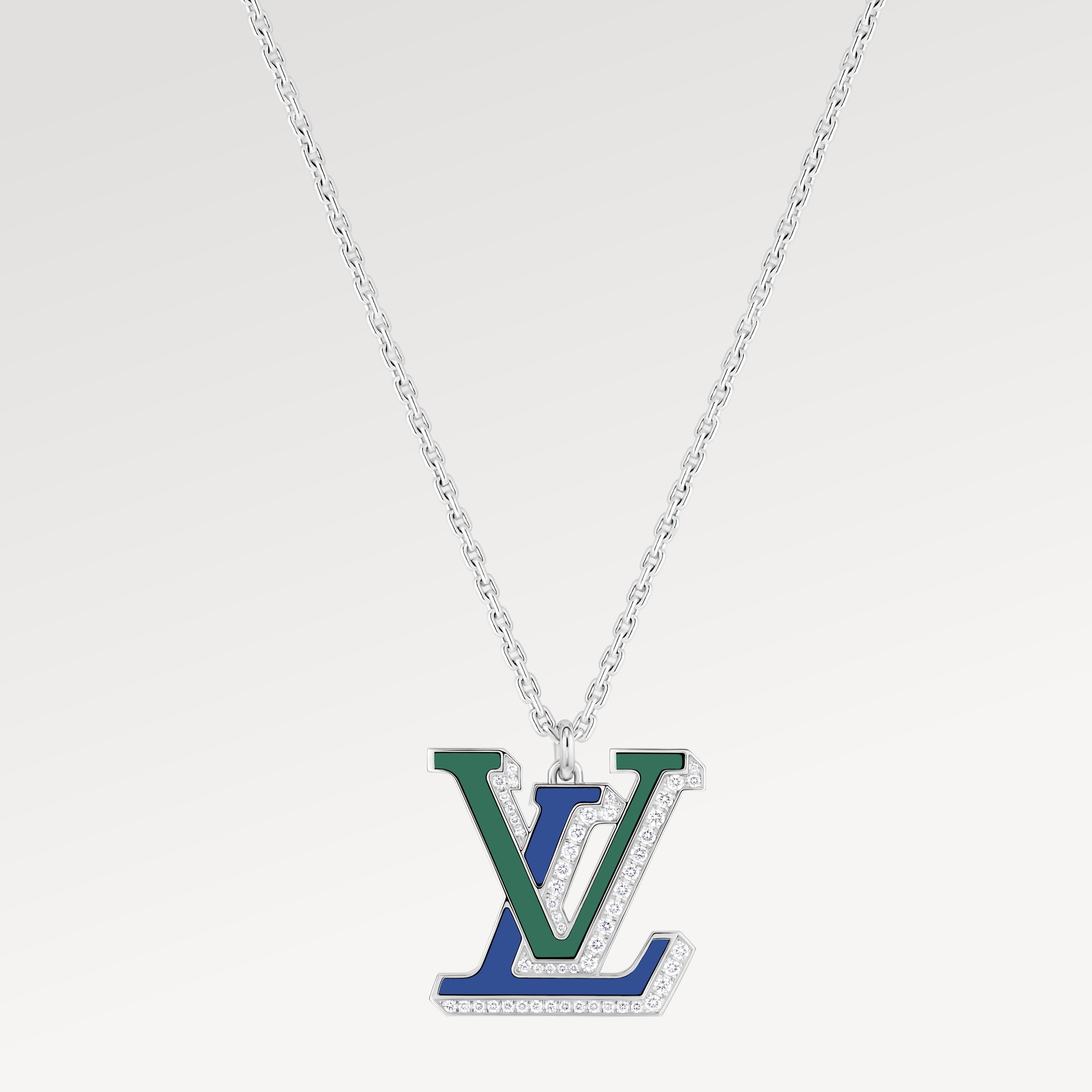 LV Large Pendant, White Gold, Diamonds, Blue Agate and Green Agate